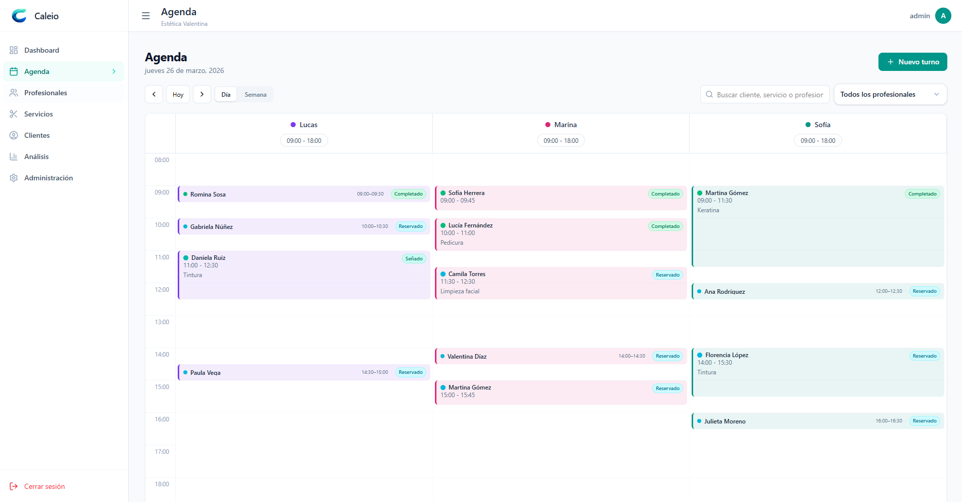 Vista de agenda en Caleio